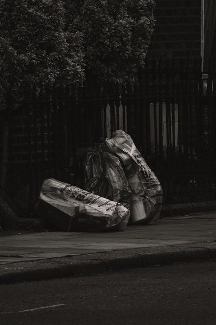 Three black plastic rubbish bags, filled and tied at the top, are placed on the curbside on a street, positioned next to a low wall and a black metal fence. The bags appear to contain household waste and are slightly crumpled, with some areas showing creases and folds on their surface. Behind the fence, dense foliage of bushy trees and shrubs can be seen, creating a textured green backdrop. The scene is illuminated by natural daylight, casting soft shadows on the pavement, and the environment suggests a typical residential area where private waste disposal or rubbish removal services, such as those provided by Rubbish Removal Ilford, might be used for on-site clearance or alternative rubbish collection outside regular council collection times.
